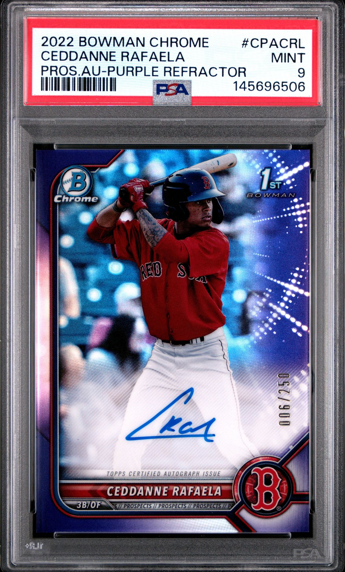 2022 Bowman Chrome Prospect Autographs Ceddanne Rafaela #Cpacrl (Pros.au-Purple Refractor) Mint 9 front