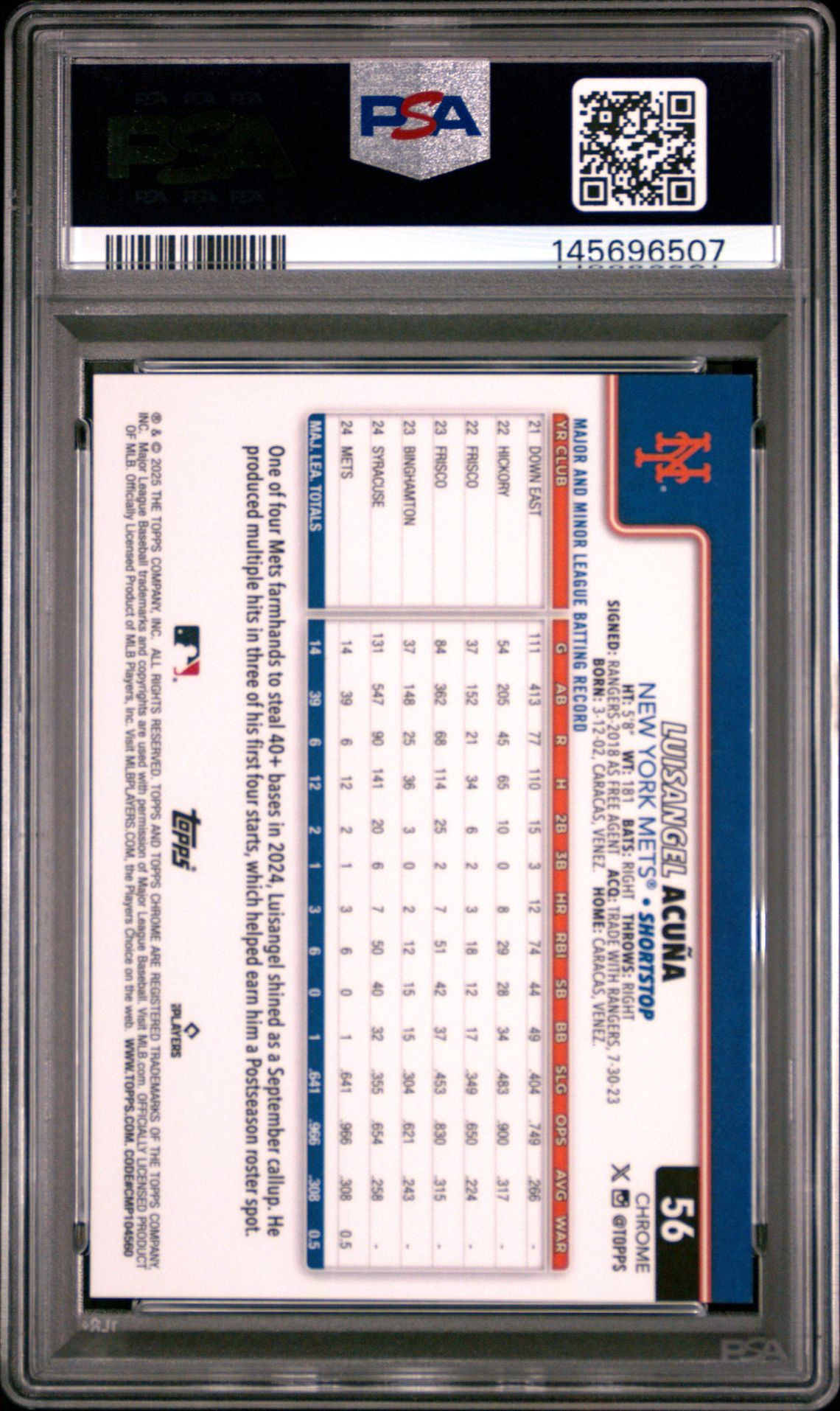2025 Topps Chrome Logofractor Edition Luisangel Acuna #56 (Variation-Black Refractor) Mint 9 back