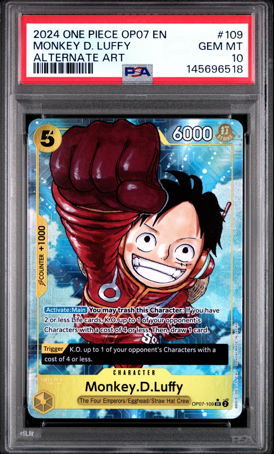 2024 One Piece Op07-500 Years In The Future Monkey D. Luffy #109 (Alternate Art) Gem Mt 10 front view - PSA graded GEM MT 10