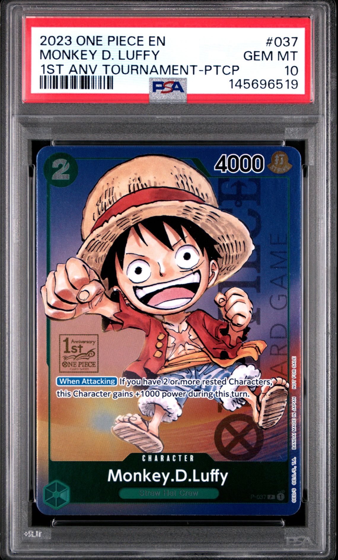 2023 One Piece Promos Monkey D. Luffy #037 (1St Anv Tournament-Ptcp) Gem Mt 10 front