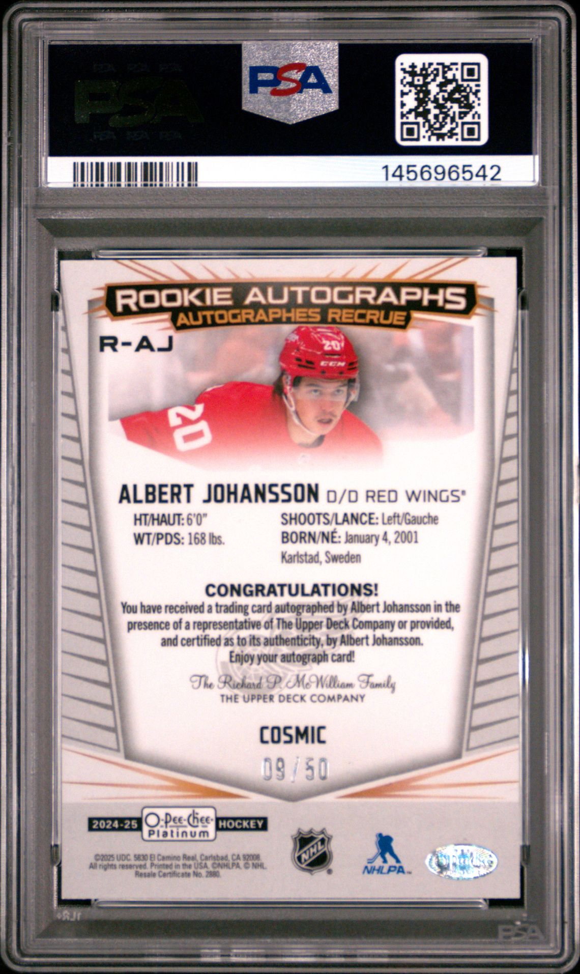 2024 Upper Deck O-Pee-Chee Platinum Rookie Autographs Albert Johansson #Raj (Rookie Autograph-Cosmic) Mint 9 back