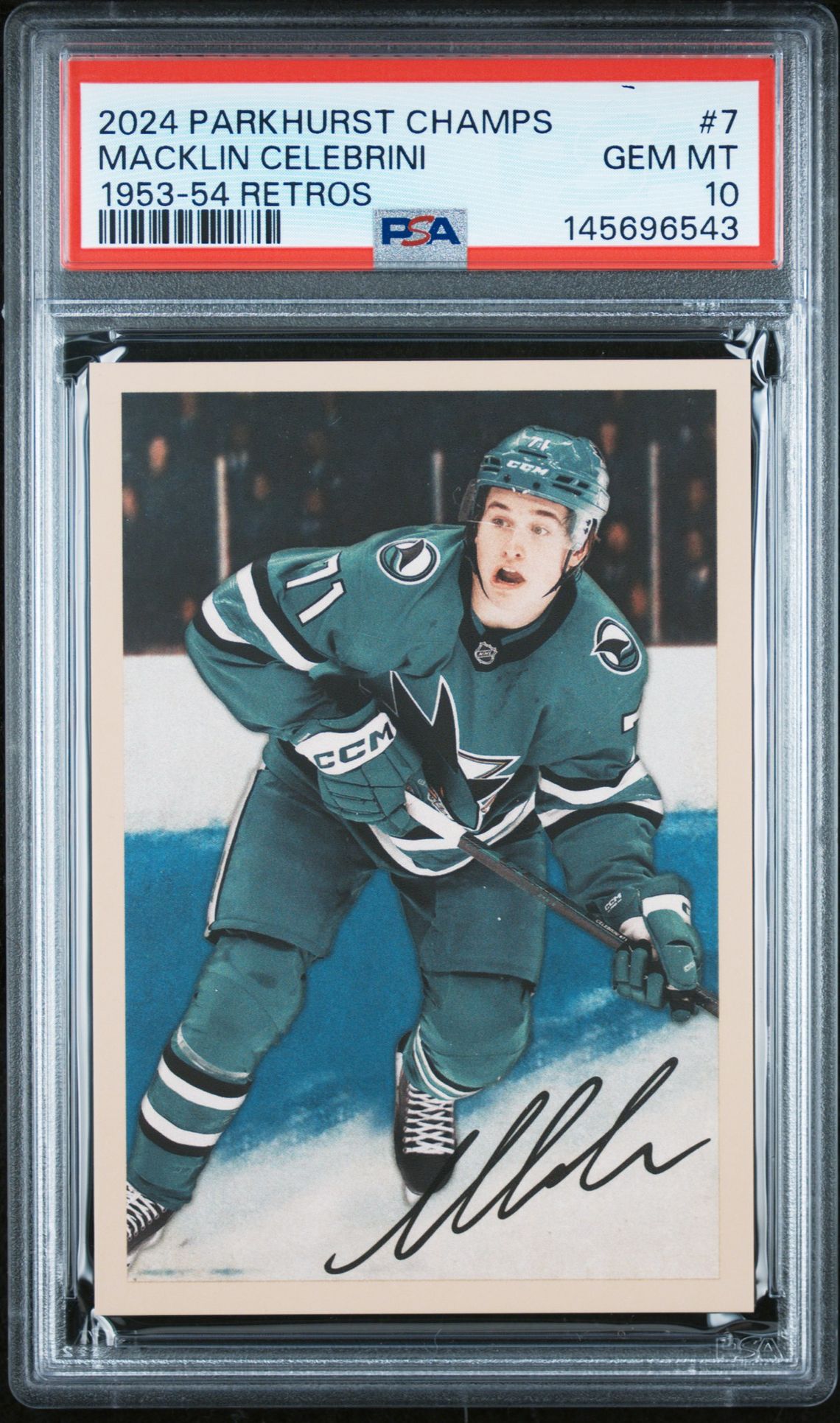 2024 Upper Deck Parkhurst Champions 1953-54 Retros Macklin Celebrini #7 Gem Mt 10 front view - PSA graded GEM MT 10