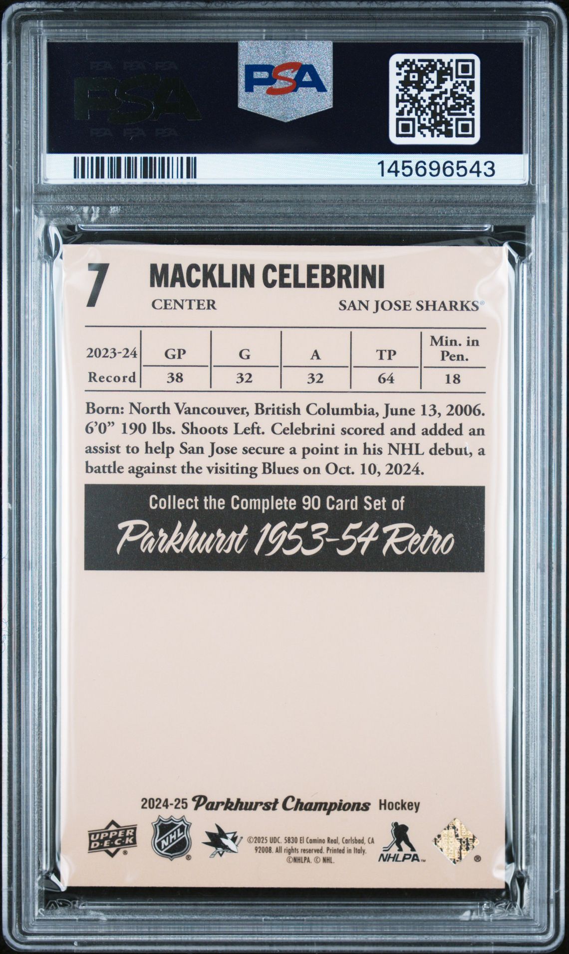 2024 Upper Deck Parkhurst Champions 1953-54 Retros Macklin Celebrini #7 Gem Mt 10 back view - PSA certificate #145696543