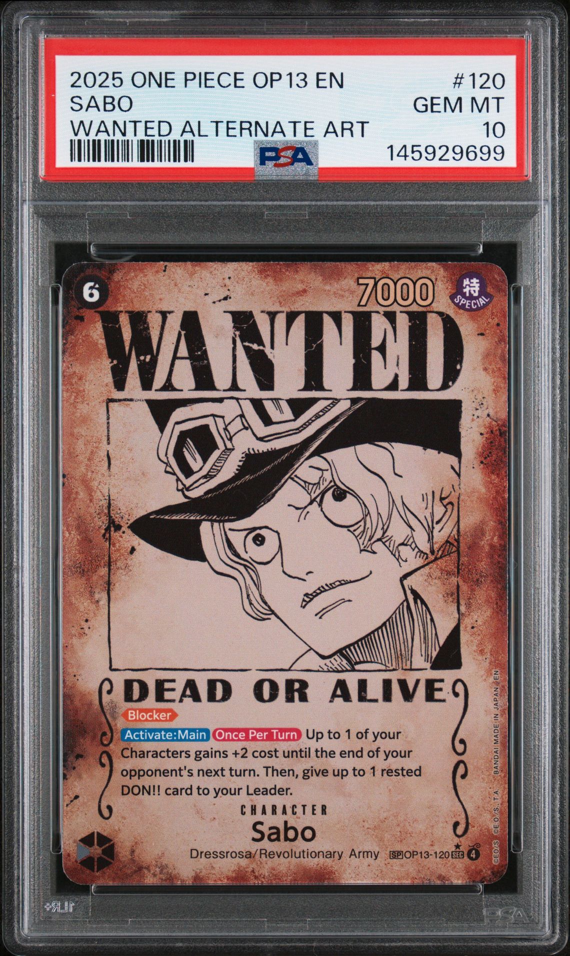 2025 One Piece Op13-Carrying On His Will Sabo #120 (Wanted Alternate Art) Gem Mt 10 front