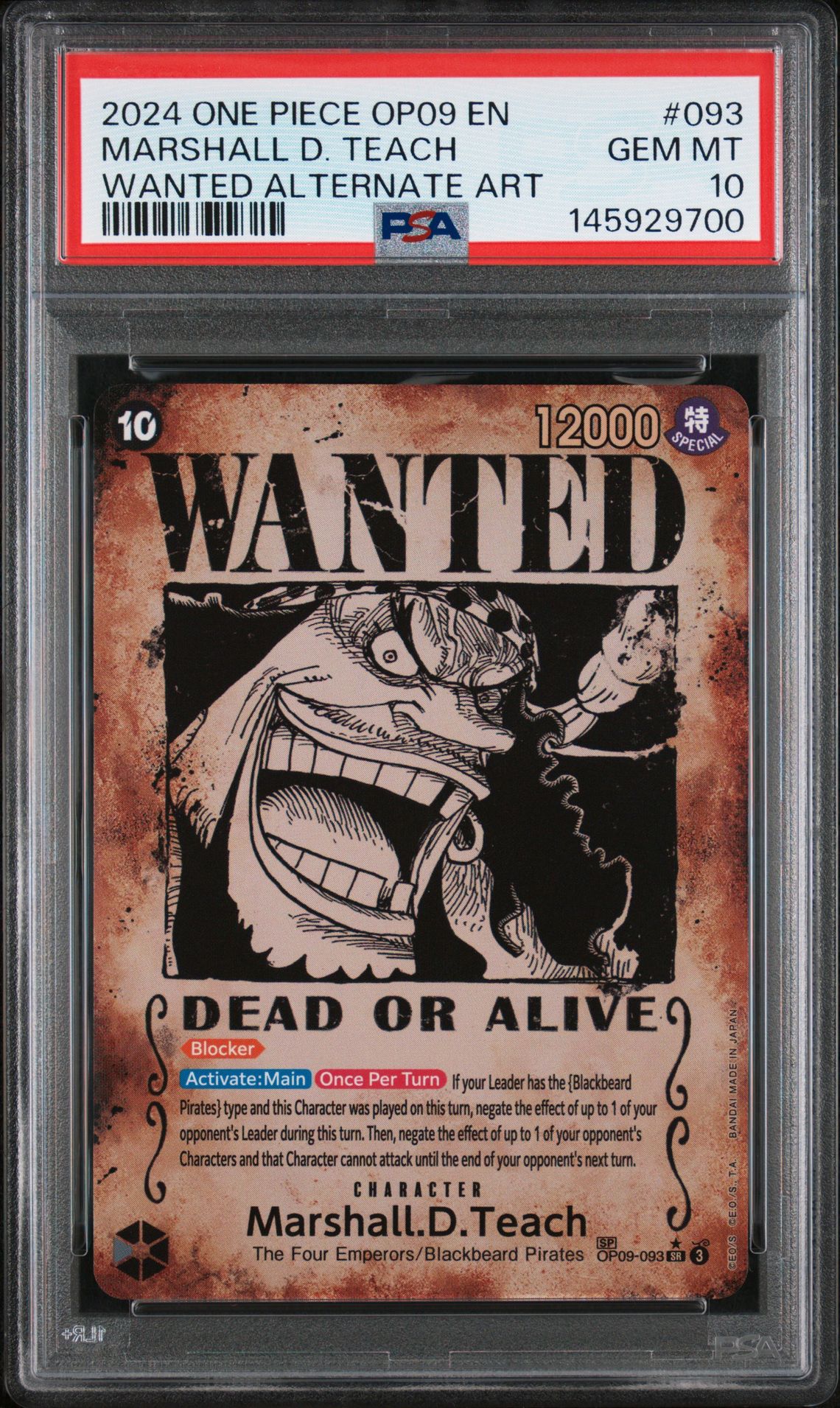 2024 One Piece Op09-Emperors In The New World Marshall D. Teach #093 (Wanted Alternate Art) Gem Mt 10 front