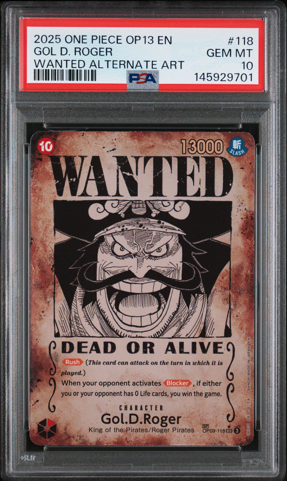2025 One Piece Op13-Carrying On His Will Gol D. Roger #118 (Wanted Alternate Art) Gem Mt 10 front