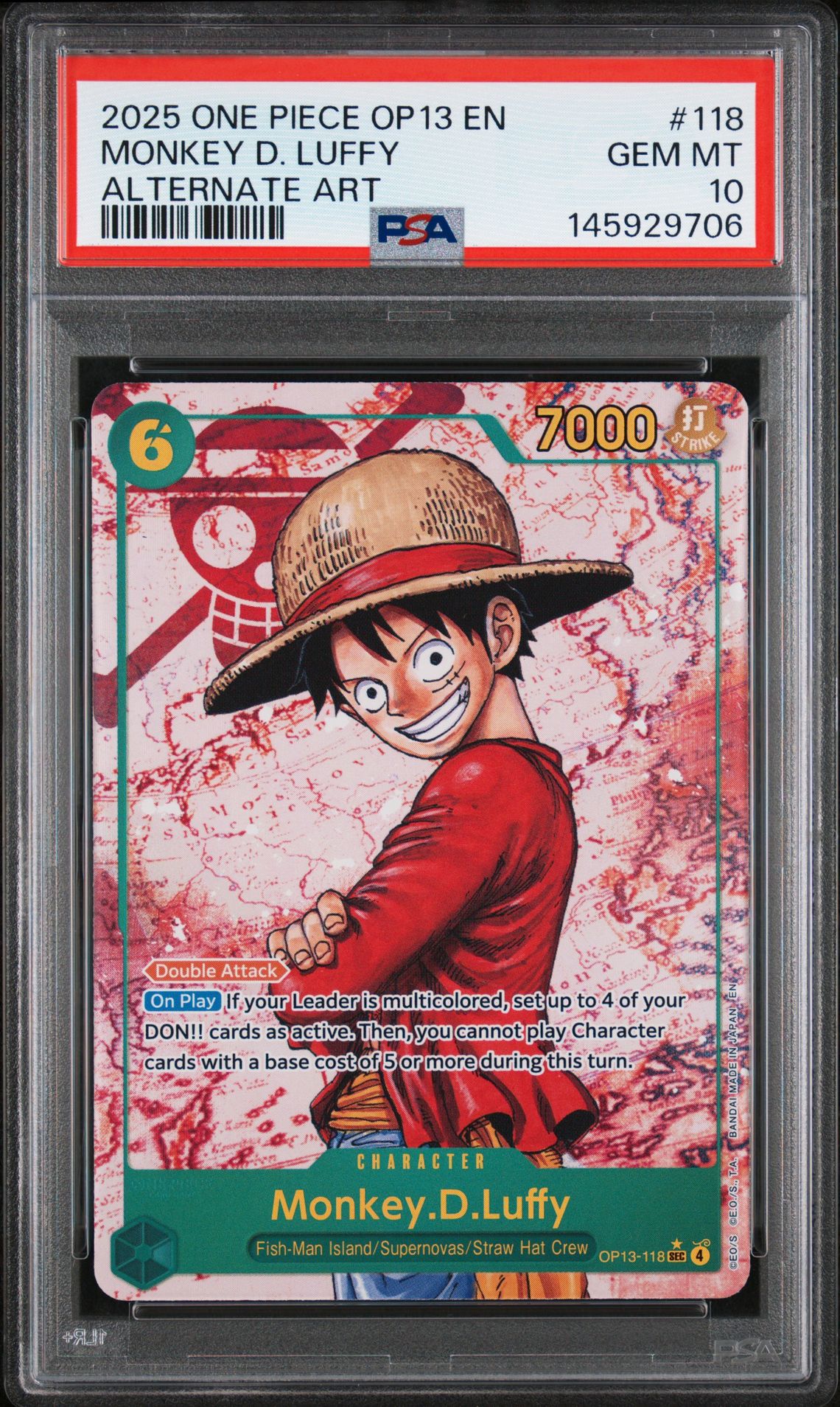 2025 One Piece Op13-Carrying On His Will Monkey D. Luffy #118 (Alternate Art) Gem Mt 10 front
