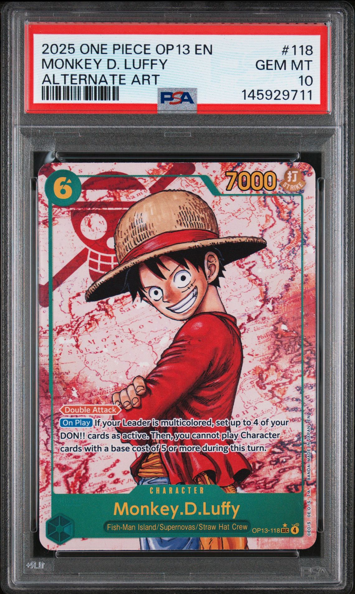 2025 One Piece Op13-Carrying On His Will Monkey D. Luffy #118 (Alternate Art) Gem Mt 10 front