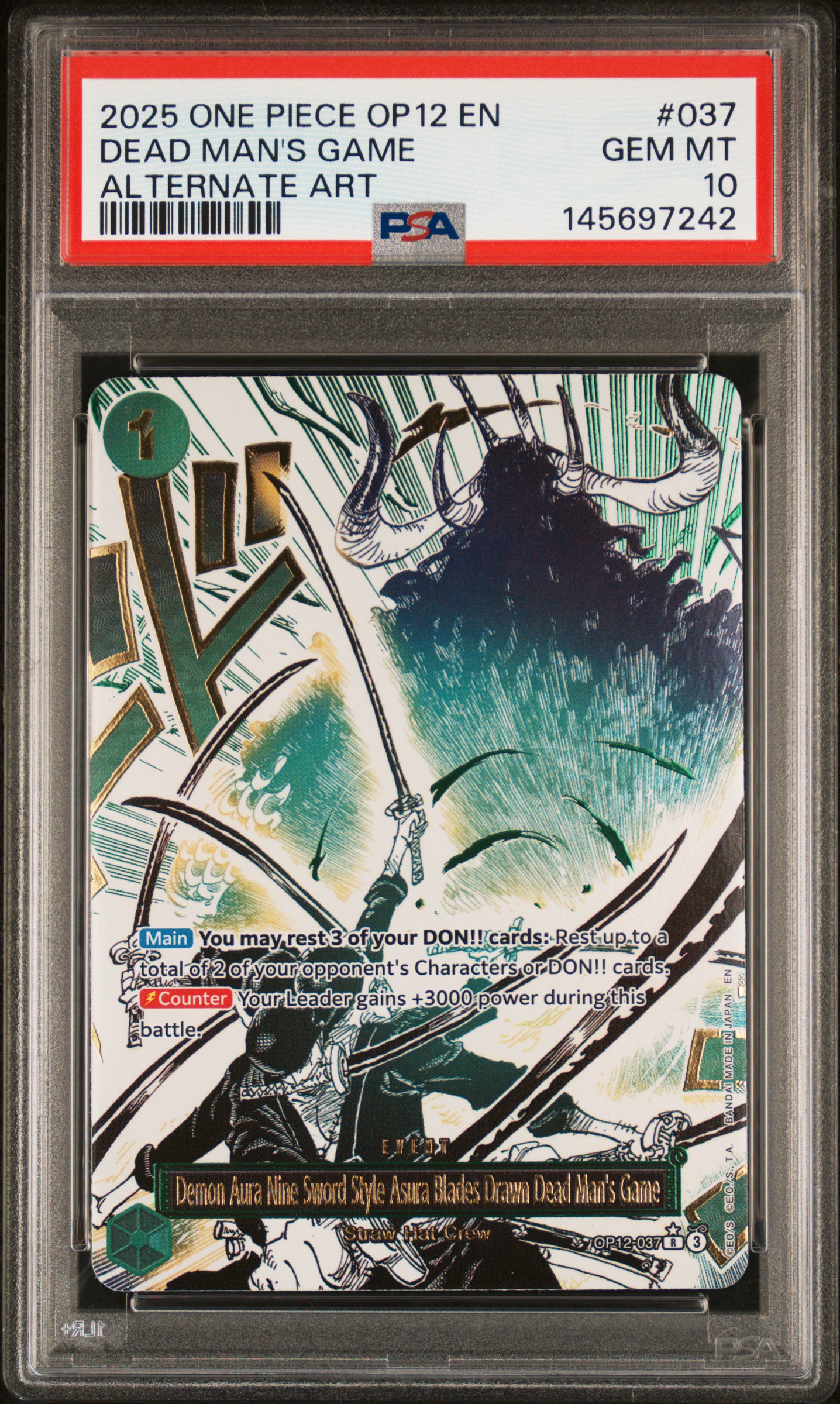 2025 #037 Demon Aura Nine-Sword Style Asura Blades Drawn Dead Man's Game PSA 10 One Piece OP12-Legacy of the Master