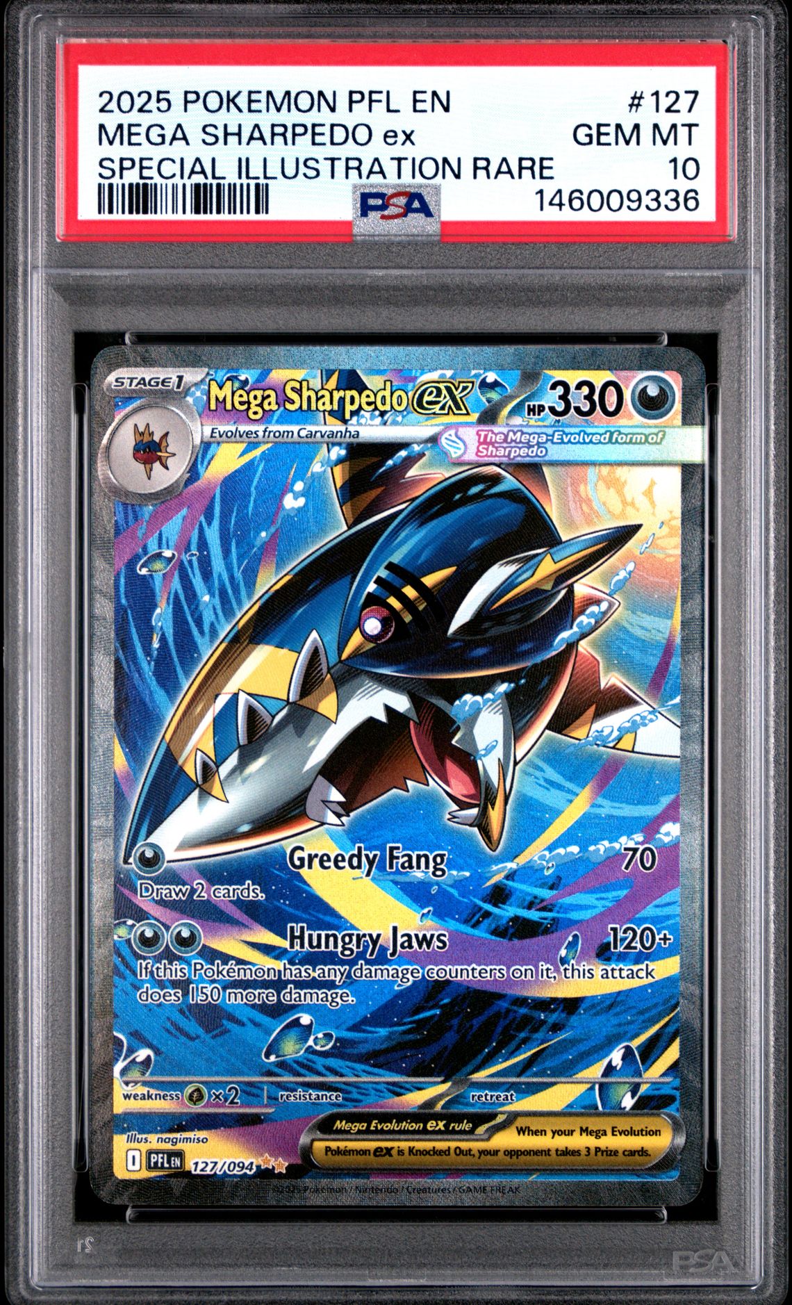 2025 Pokemon POKEMON PFL EN-PHANTASMAL FLAMES SPECIAL ILLUSTRATION RARE #127 Mega Sharpedo Ex front