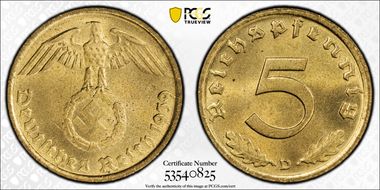 1939-D 5 Pfg J-363 MS66