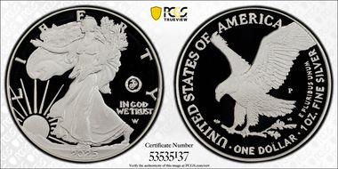 2025-P $1 Silver Eagle w/ US Marine Corps Privy 250th Anniversary First Strike PR70DCAM