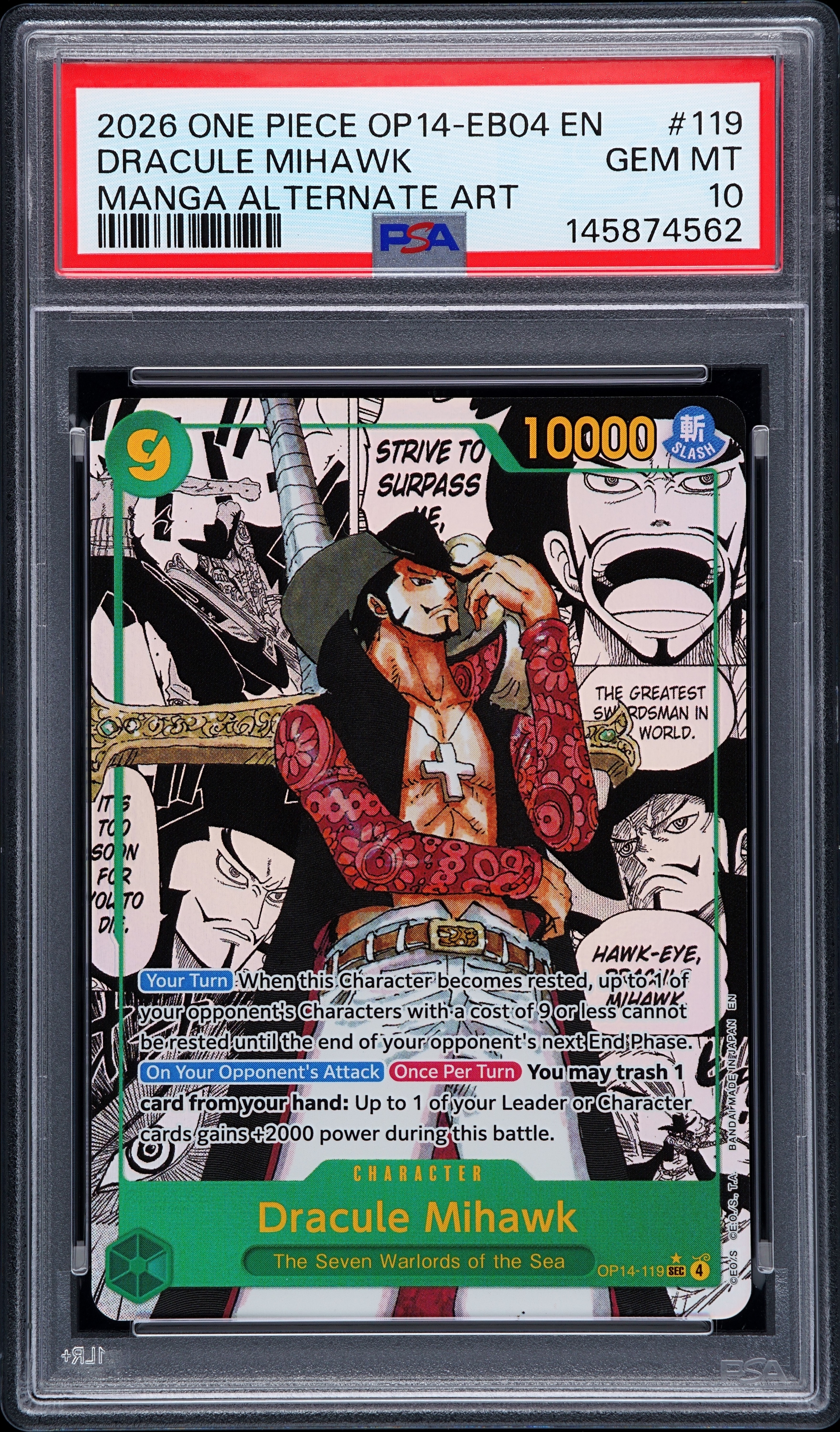 2026 #119 Dracule Mihawk PSA 10 One Piece OP14-EB04-the Azure Sea's Seven