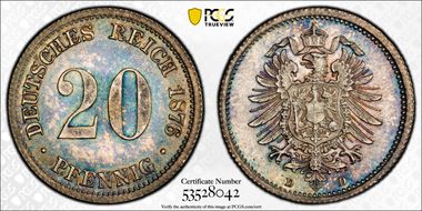 1876-D 20 Pfg J-5 MS64