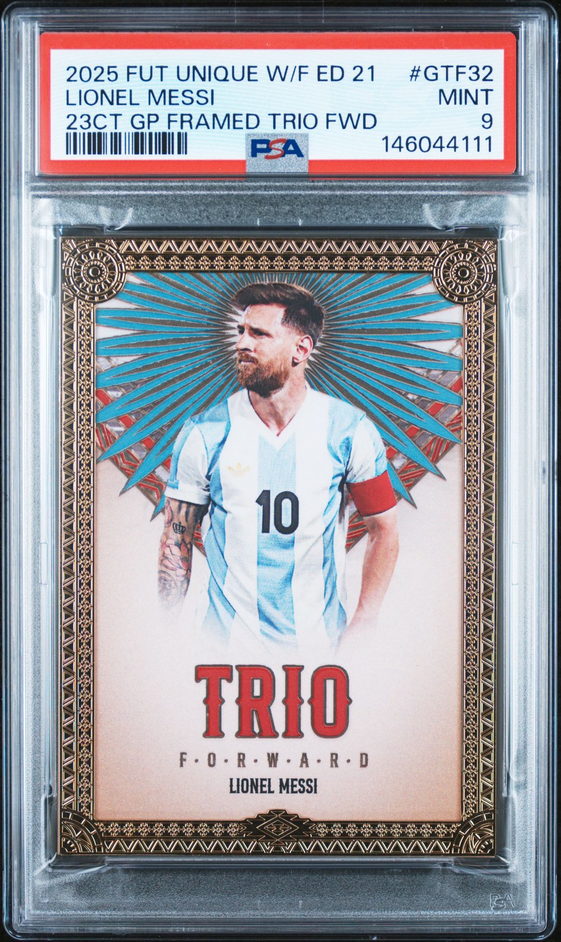 2025 FUTERA UNIQUE WORLD FOOTBALL EDITION 21 23CT GOLD PLATED FRAMED TRIO FORWARD #GTF32 Lionel Messi front