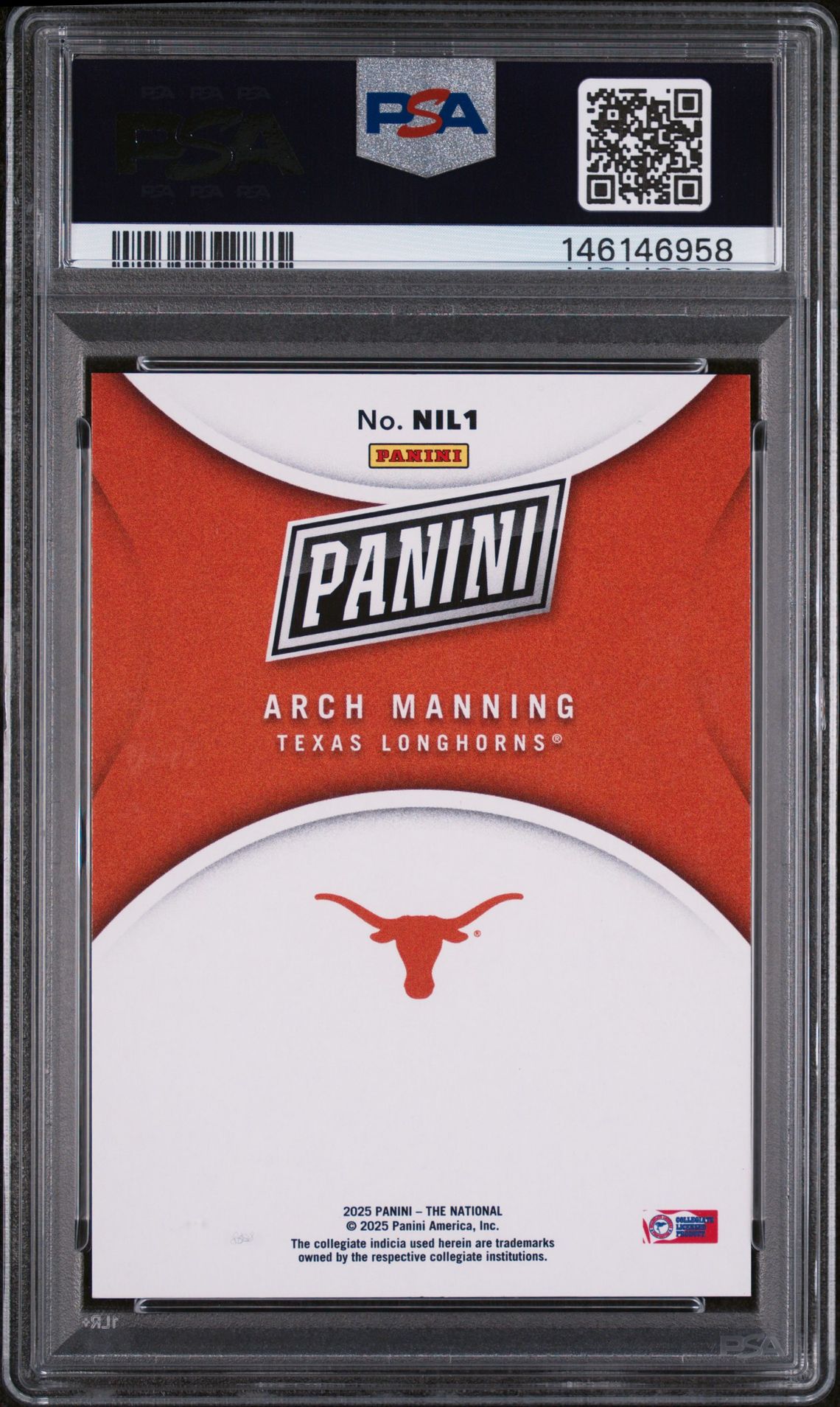 2025 Panini National Sports Collectors Convention Silver Pack Nil Prospects Arch Manning #1 (Nil Prospects-Orange) Gem Mt 10 back view - PSA certificate #146146958