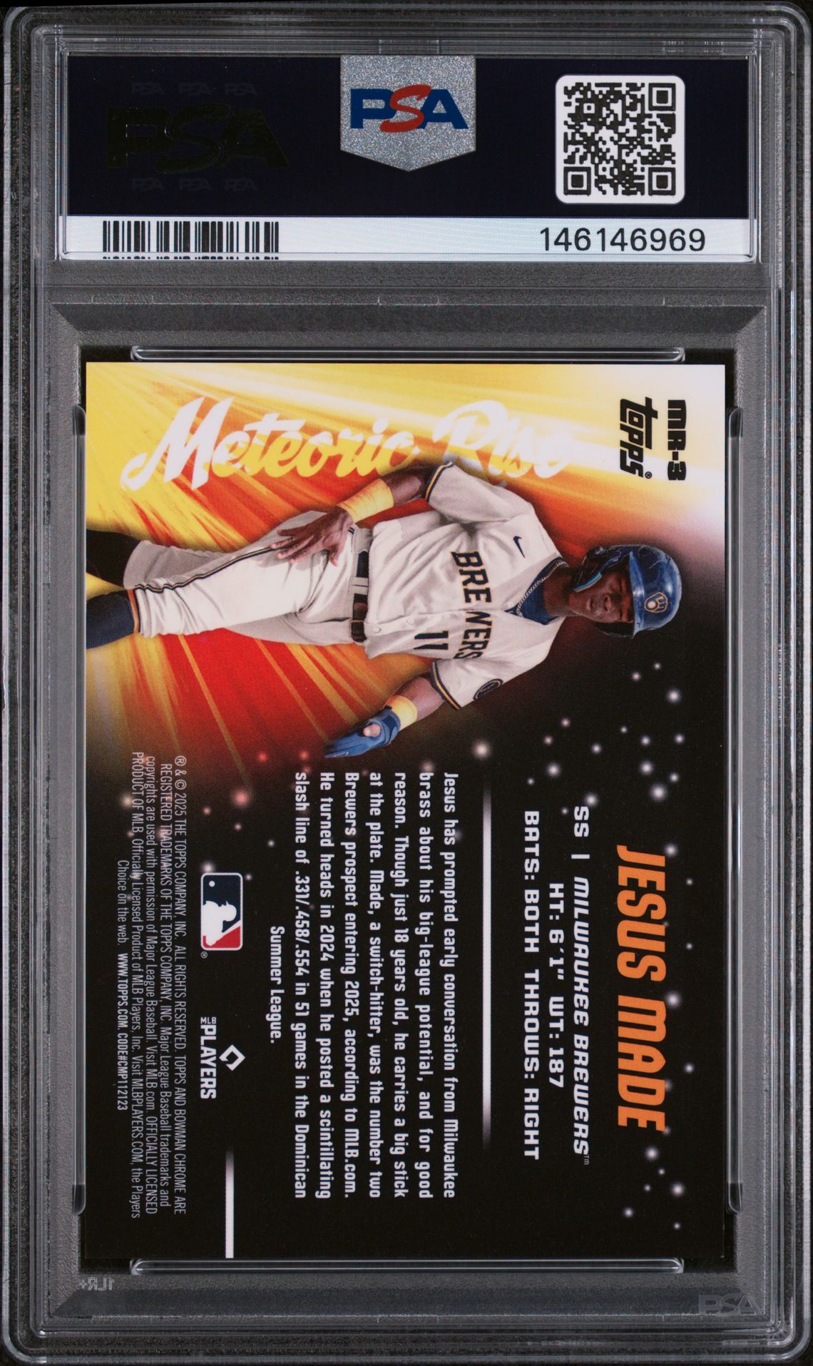 2025 Bowman Chrome Meteoric Rise Jesus Made #Mr-3 (Meteoric Rise-Mini Diamond) Gem Mt 10 back view - PSA certificate #146146969