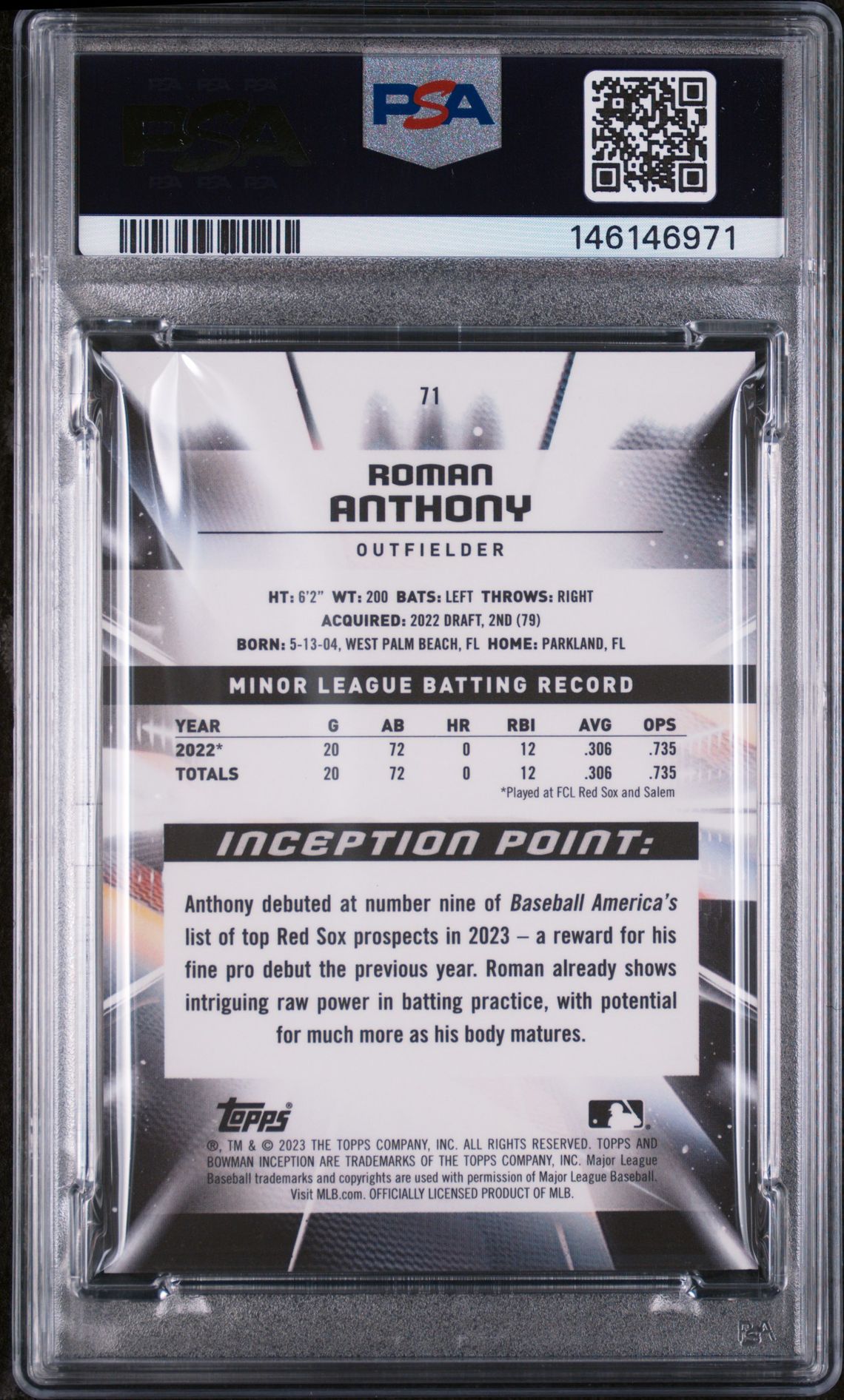 2023 BOWMAN INCEPTION ROMAN ANTHONY  71 GEM MT 10 back