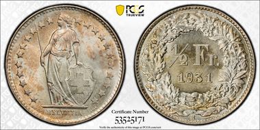 1931 B 1/2 Fr KM-23 Ag MS66