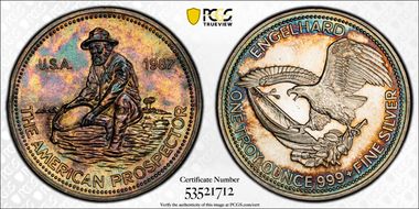 1987 1oz Rnd The American Prospector Ag Engelhard-Eagle Reverse MS66