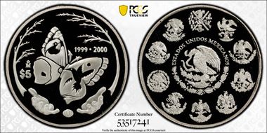 1999-2000-Mo 5 Peso Millennium Series Butterfly PR69DCAM