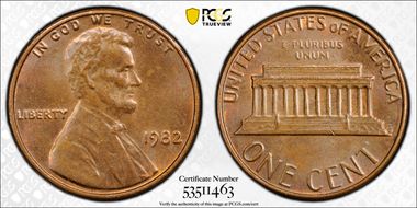 1982 1C Bronze, Large Date MS64BN