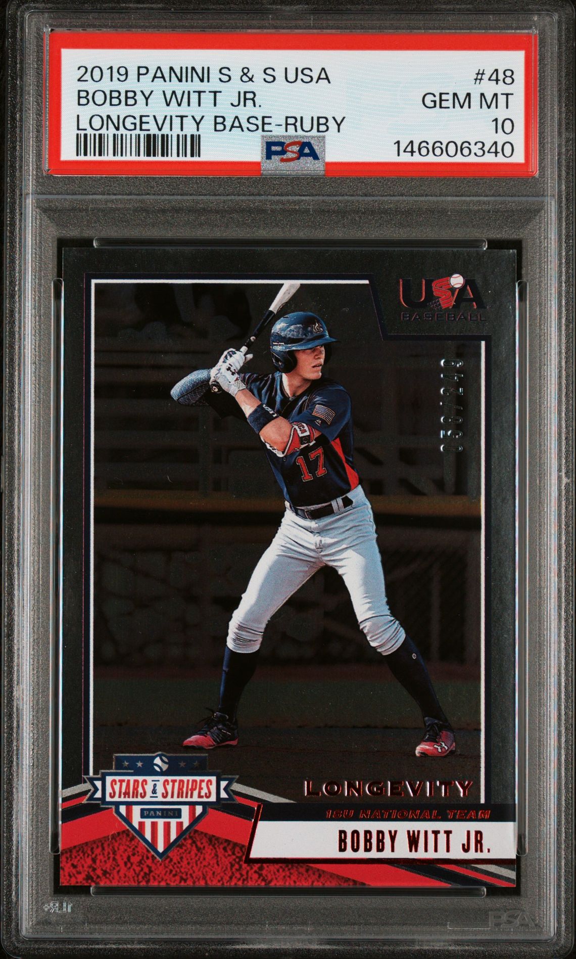2019 Panini PANINI STARS & STRIPES USA LONGEVITY BASE-RUBY #48 Bobby Witt Jr. front