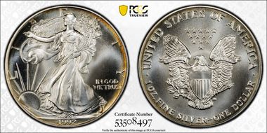 1992 $1 Silver Eagle MS68