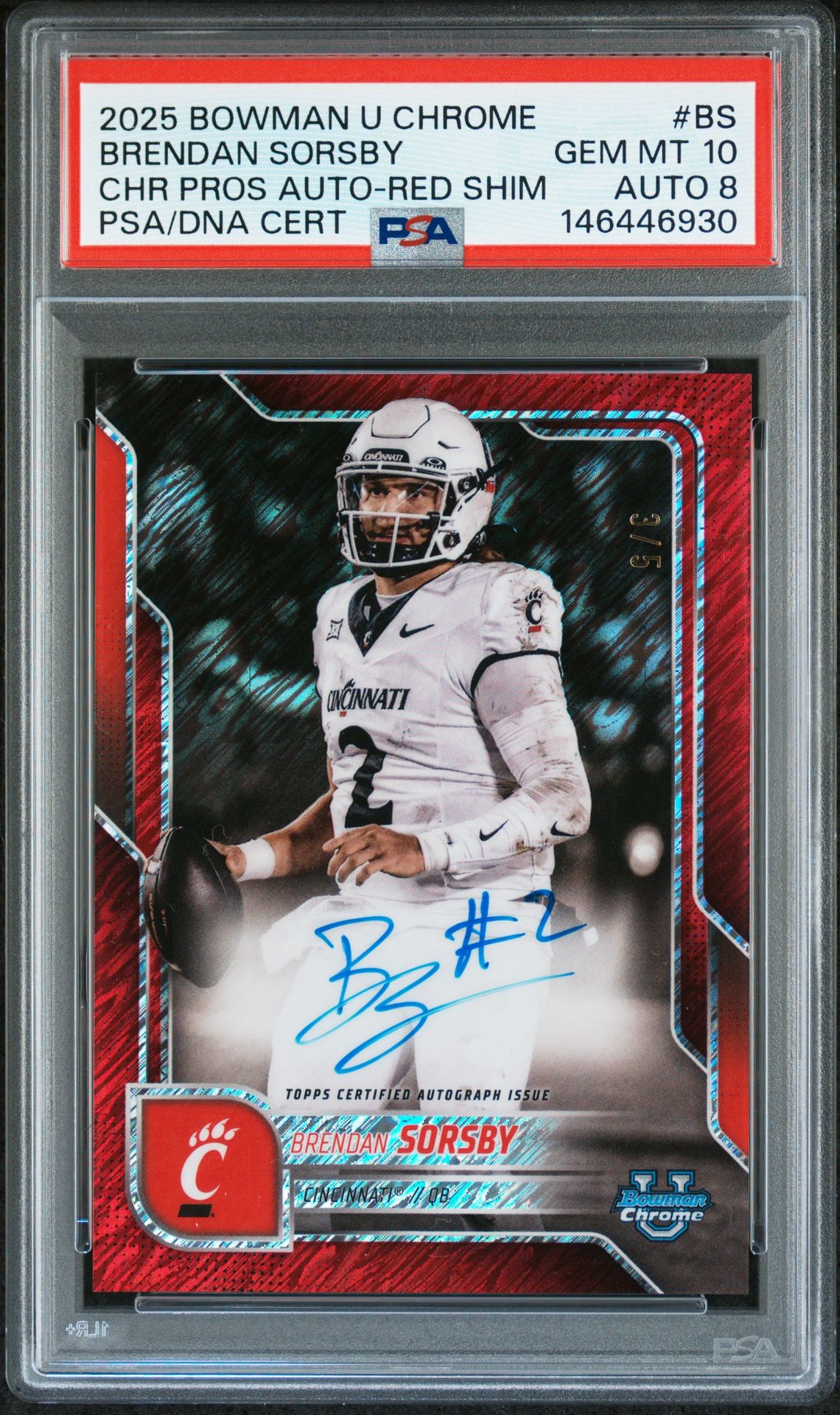 2025 Bowman BOWMAN UNIVERSITY CHROME BOWMAN CHROME PROSPECT AUTOGRAPHS CHR PROS AUTO-RED SHIM #BS Brendan Sorsby front