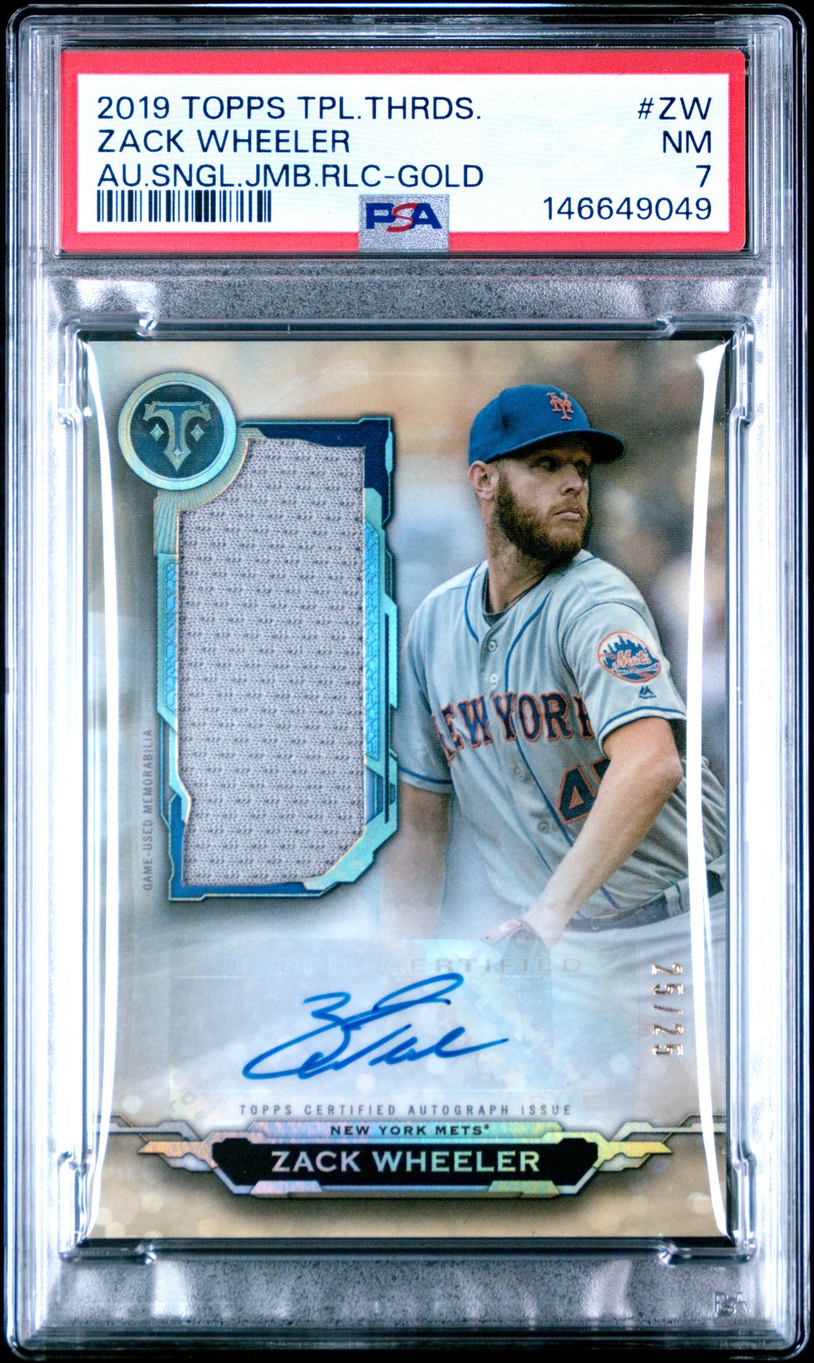 2019 Topps TOPPS TRIPLE THREADS AUTOGRAPH SINGLE JUMBO RELICS AU.SNGL.JMB.RLC-GOLD #ZW Zack Wheeler front