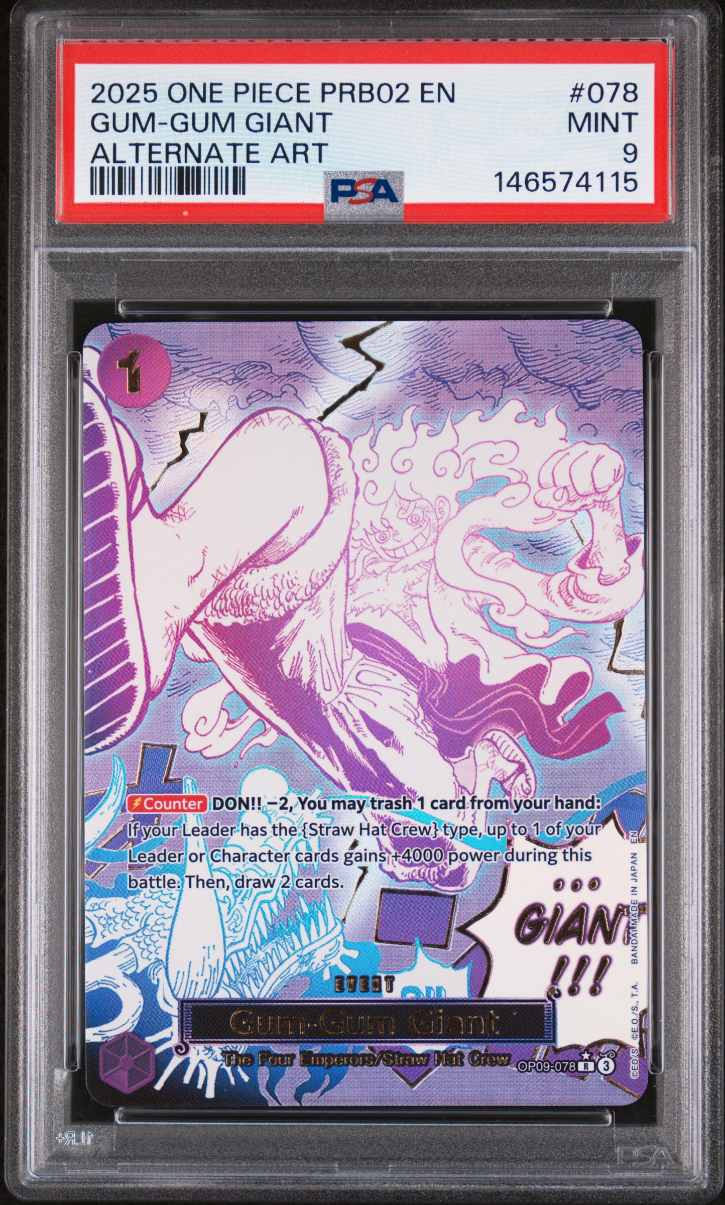2025 #078 Gum-Gum Giant Alternate Art PSA 9 PRB02-Premium Booster -Card the Best- Vol.2 One Piece