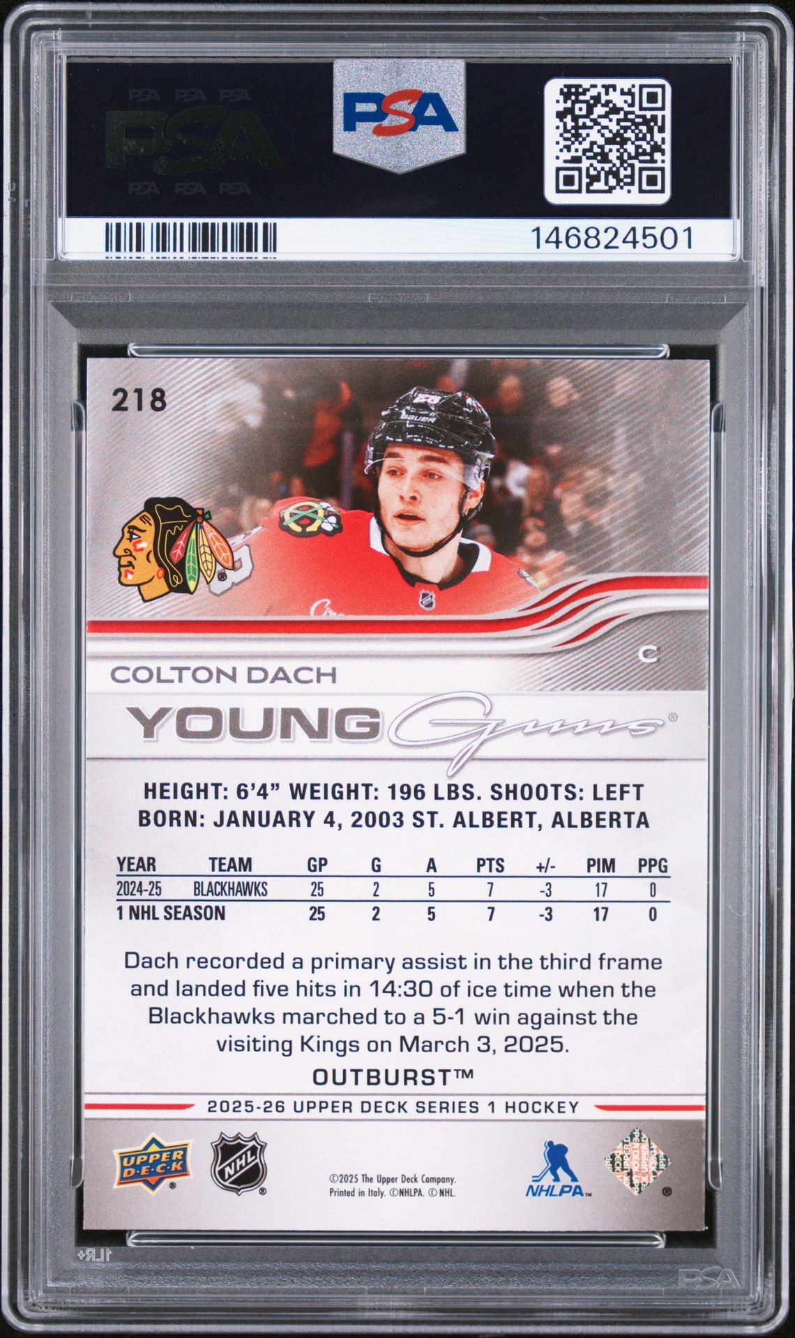 2025 Upper Deck Colton Dach #218 (Outburst) Mint 9 back