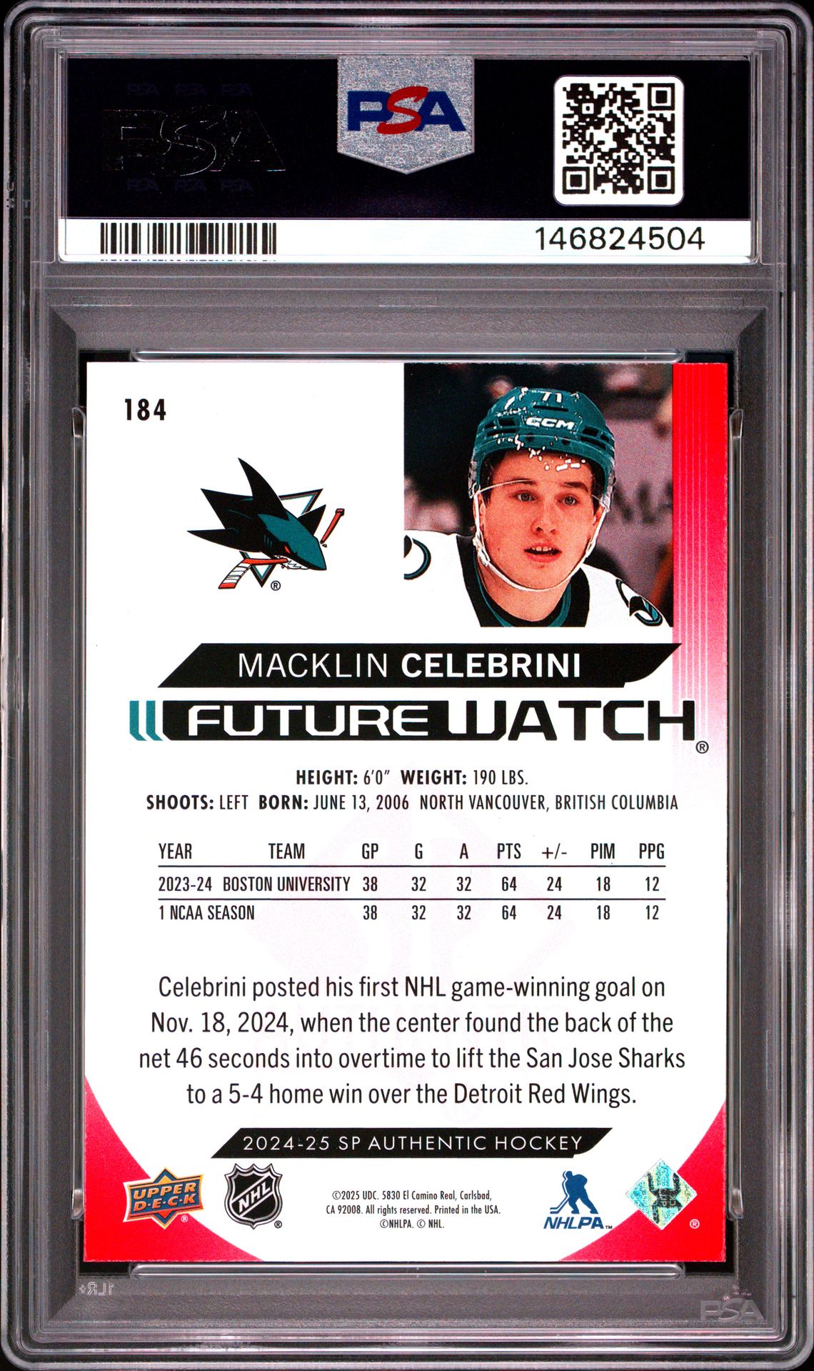 2024 Upper Deck Sp Authentic Macklin Celebrini #184 (Limited Red) Gem Mt 10 back