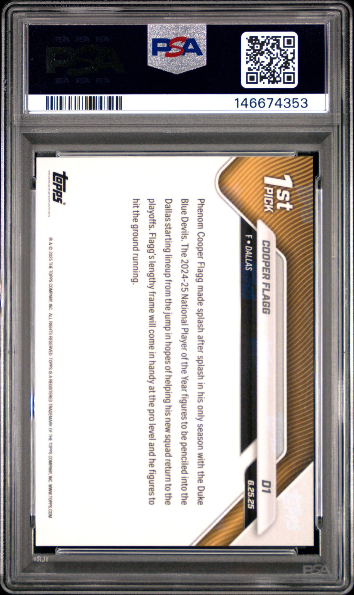 2025 Topps Now Draft Cooper Flagg #D1 Mint 9 back