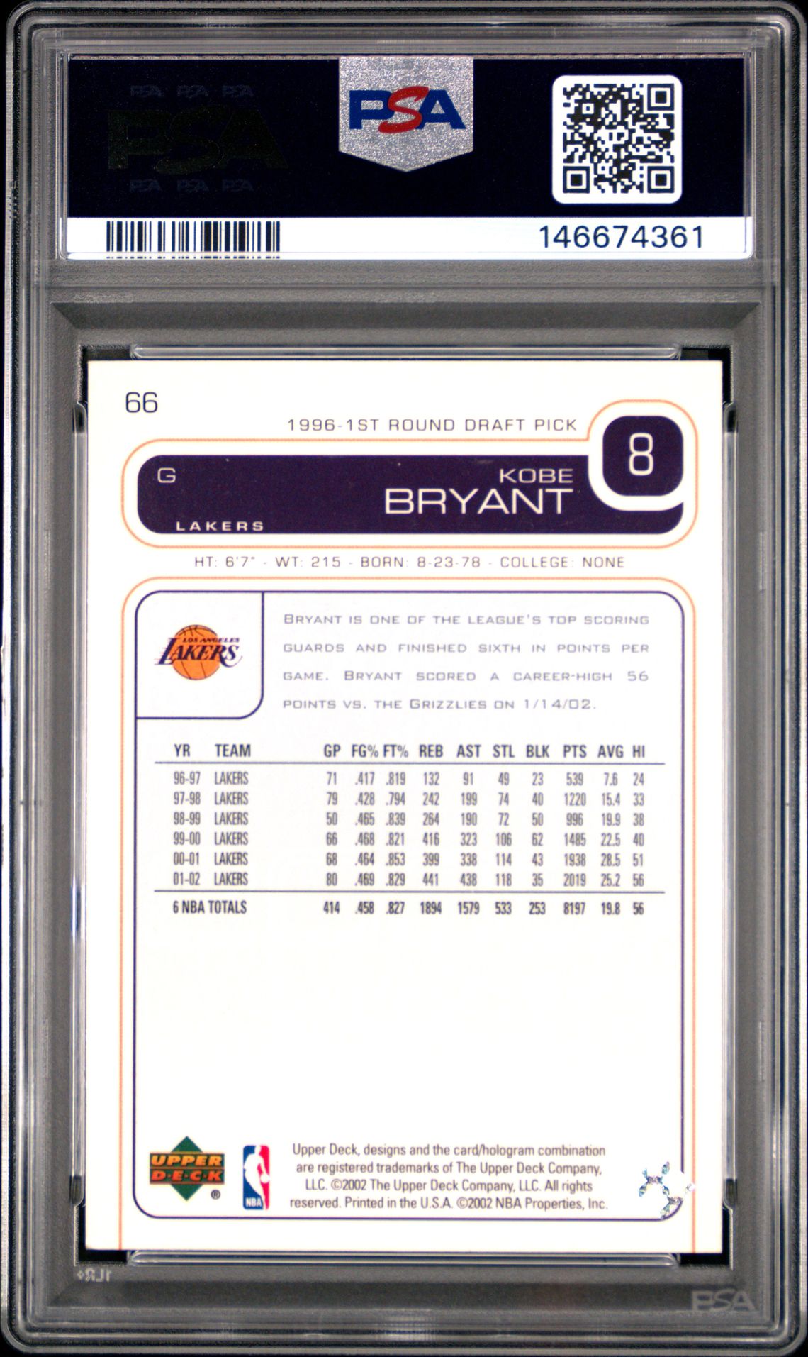 2002 Upper Deck Kobe Bryant #66 Nm-Mt 8 back