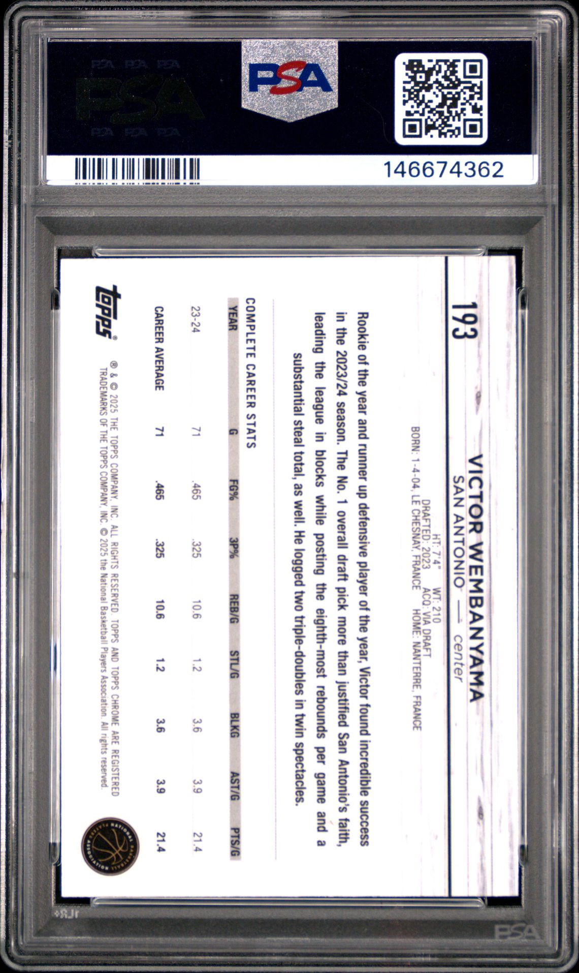 2024 Topps Chrome Victor Wembanyama #193 (Pink Refractor) Gem Mt 10 back view - PSA certificate #146674362