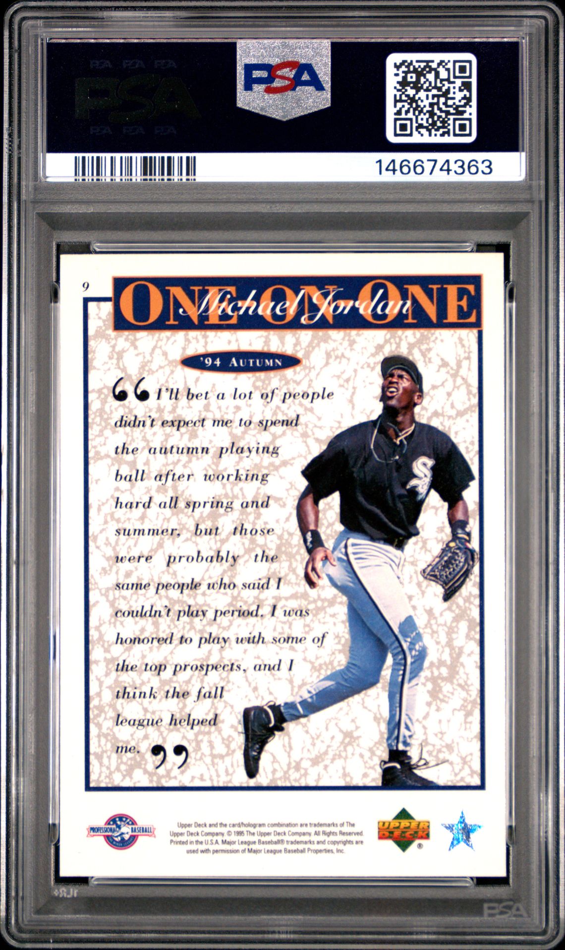 1995 Upper Deck Minor League M.j. One On One '94 Autumn #9 (M.j. One On One) Mint 9 back