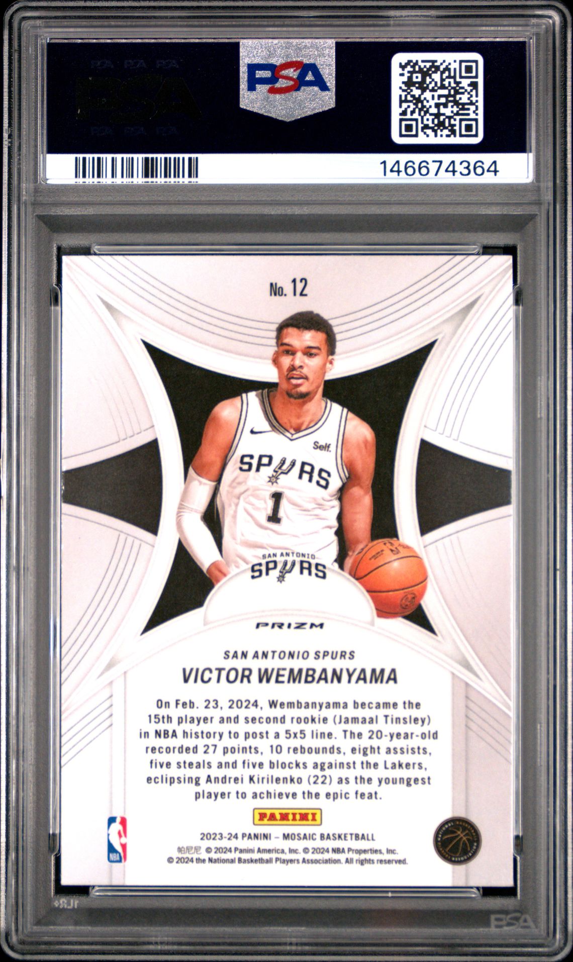 2023 PANINI MOSAIC EPIC PERFORMERS VICTOR WEMBANYAMA EPIC PERFORMERS-MOSAIC 12 GEM MT 10 back