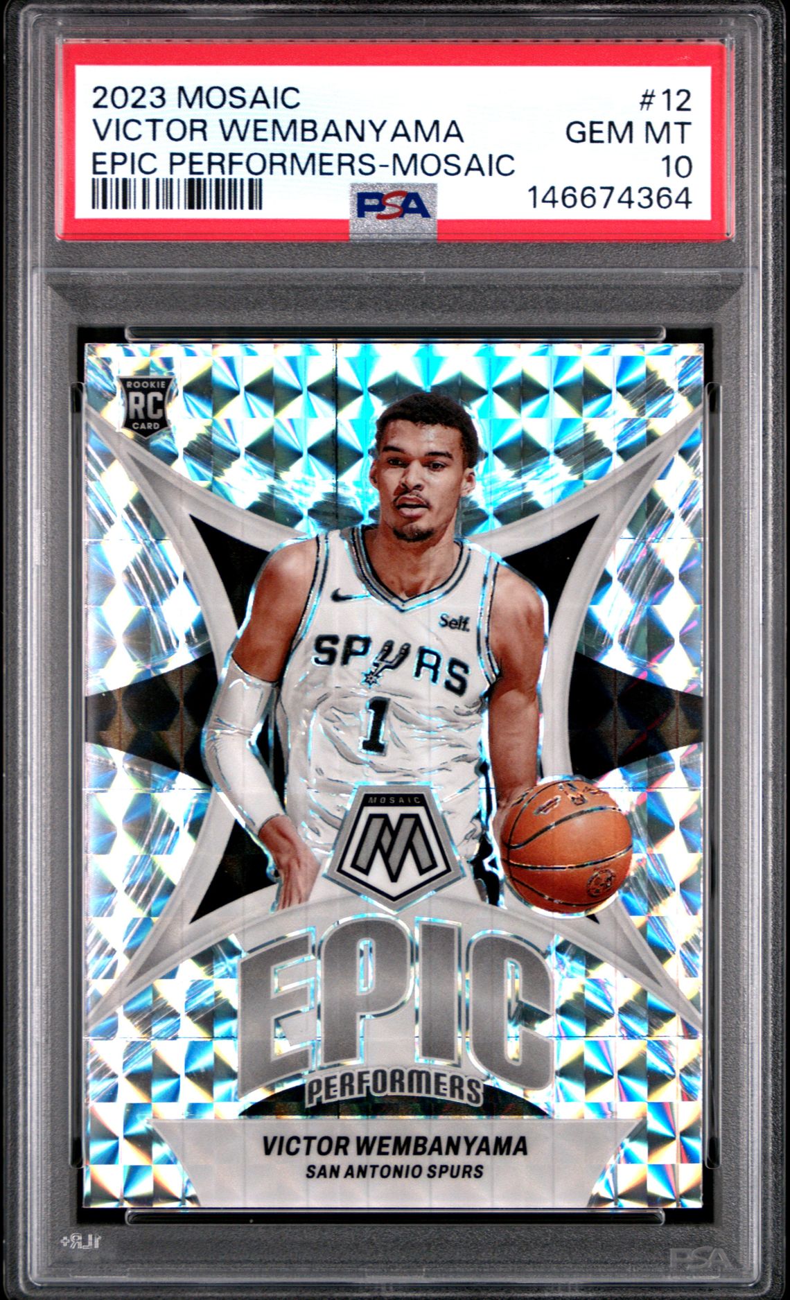 2023 PANINI MOSAIC EPIC PERFORMERS VICTOR WEMBANYAMA EPIC PERFORMERS-MOSAIC 12 GEM MT 10 front