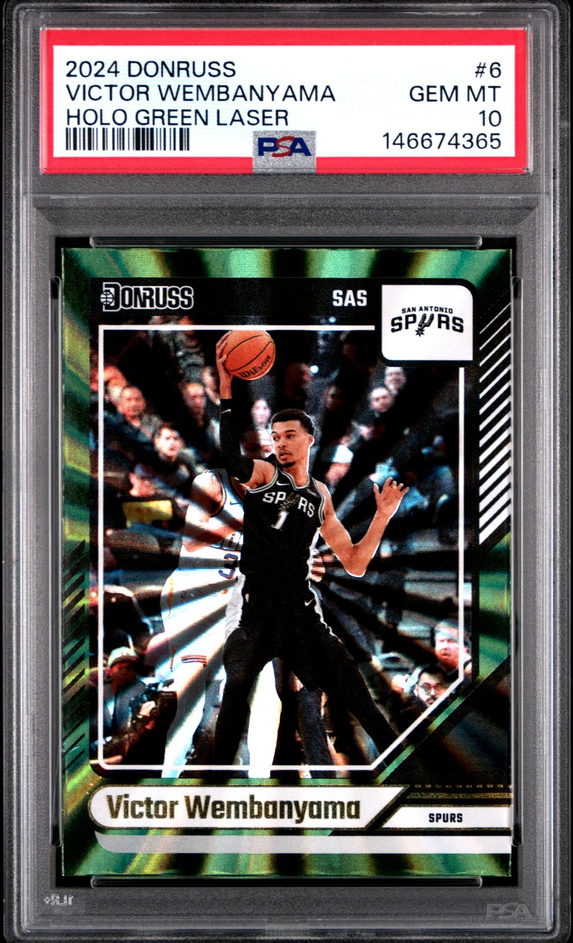 2024 Panini Donruss Victor Wembanyama #6 (Holo Green Laser) Gem Mt 10 front view - PSA graded GEM MT 10