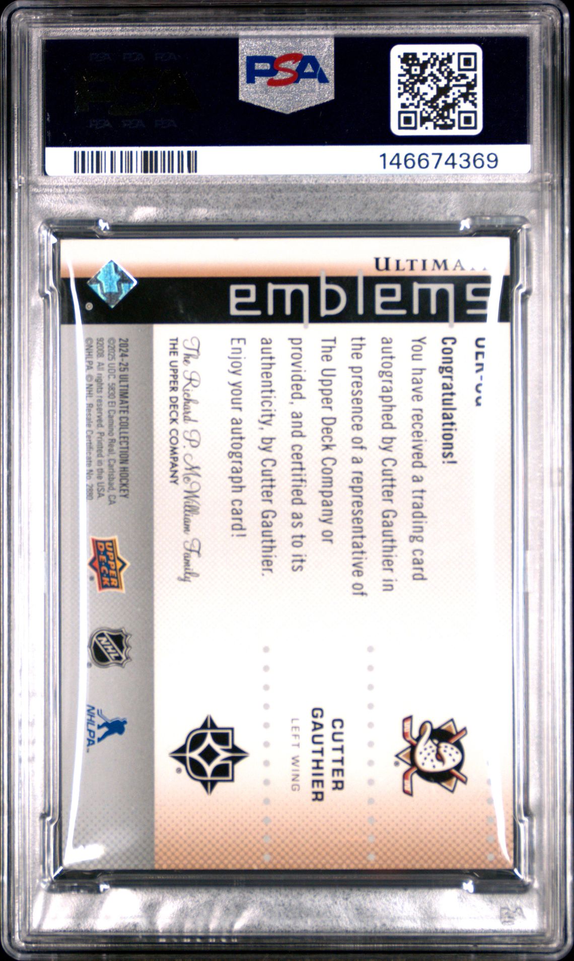 2024 Upper Deck Ultimate Collection Ultimate Emblems Rookie Autographs Cutter Gauthier #Cg Nm-Mt 8 back