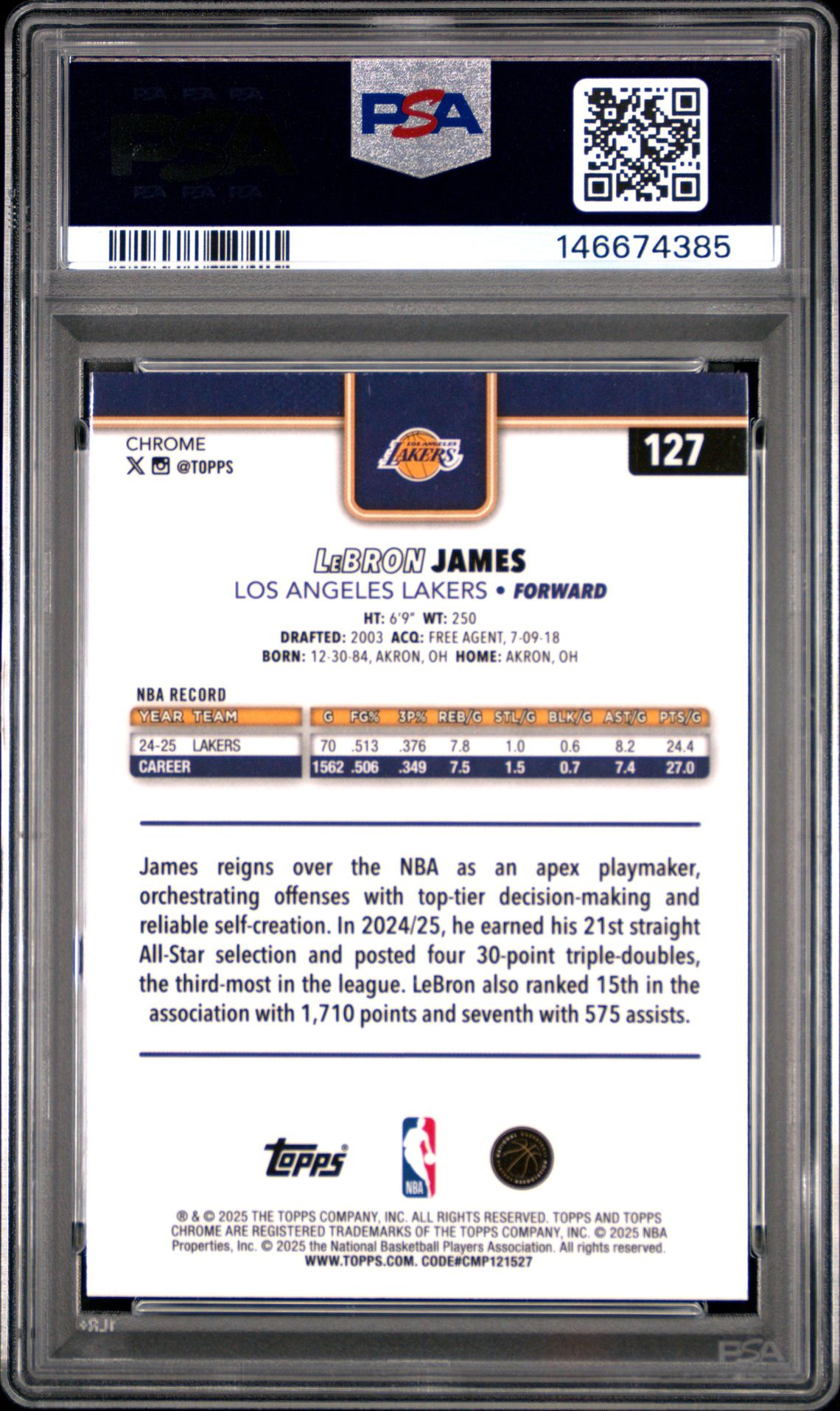2025 Topps Chrome Lebron James #127 (Magenta Refractor) Mint 9 back
