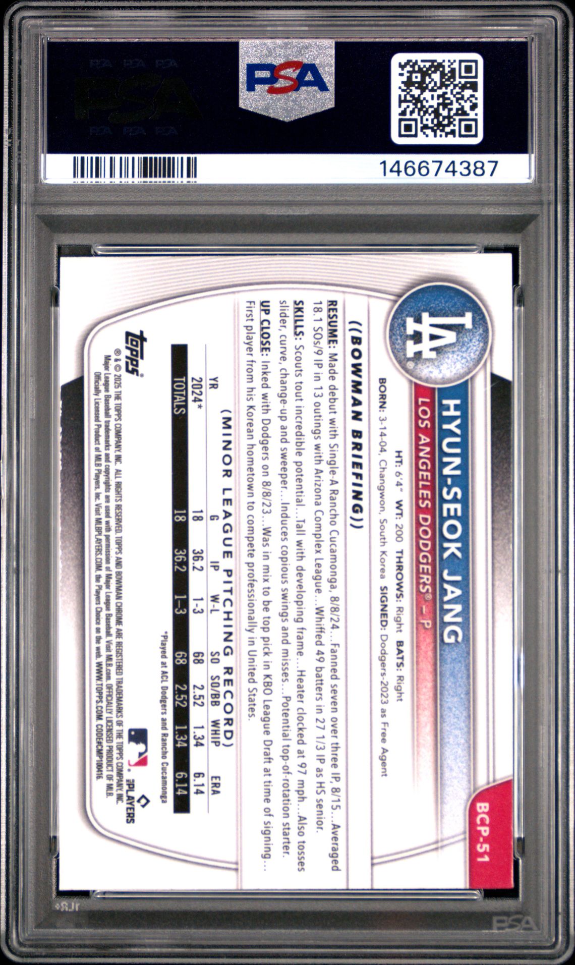 2025 Bowman Chrome Prospects Hyun-Seok Jang #Bcp51 (Chrome Pros-Reptilian Ref) Gem Mt 10 back