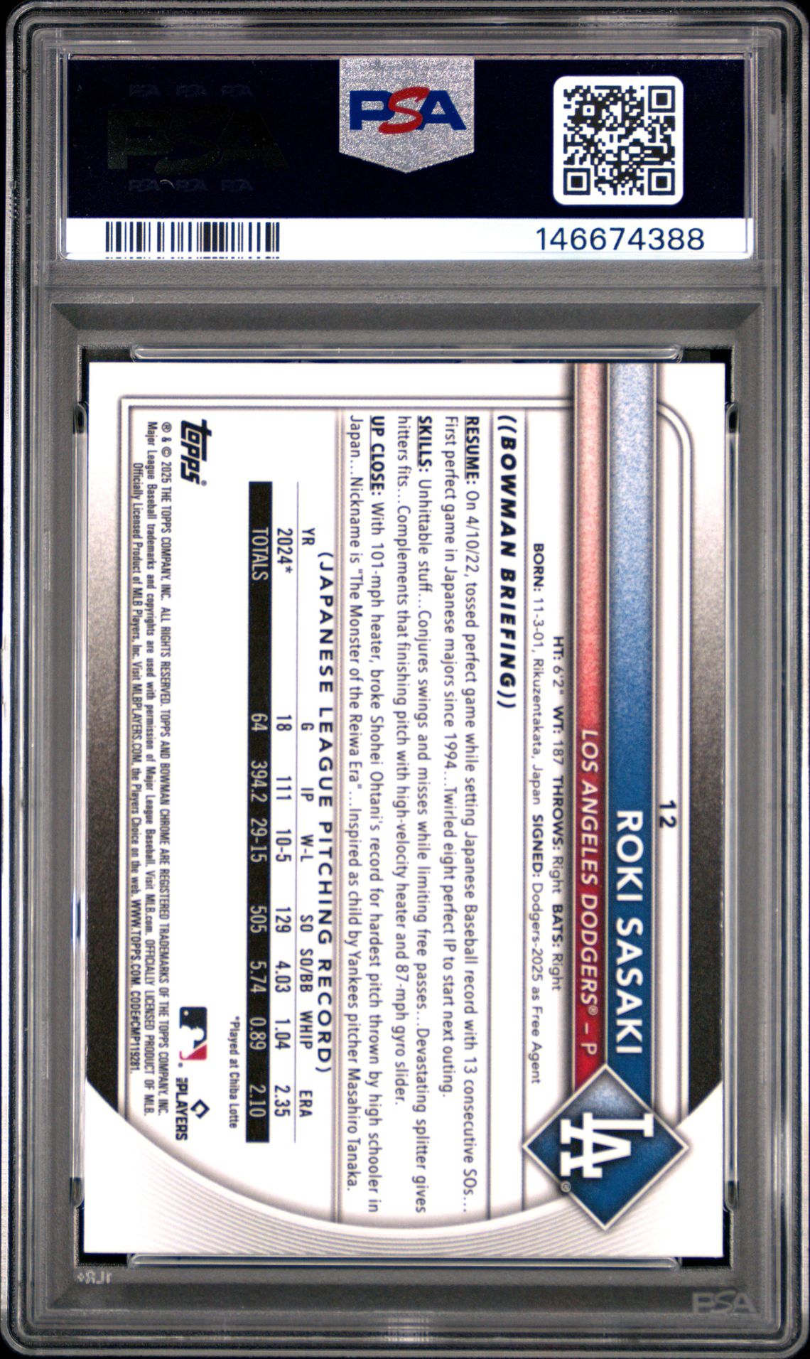 2025 Bowman Chrome Roki Sasaki #12 (Red Rookie Redemption) Gem Mt 10 back