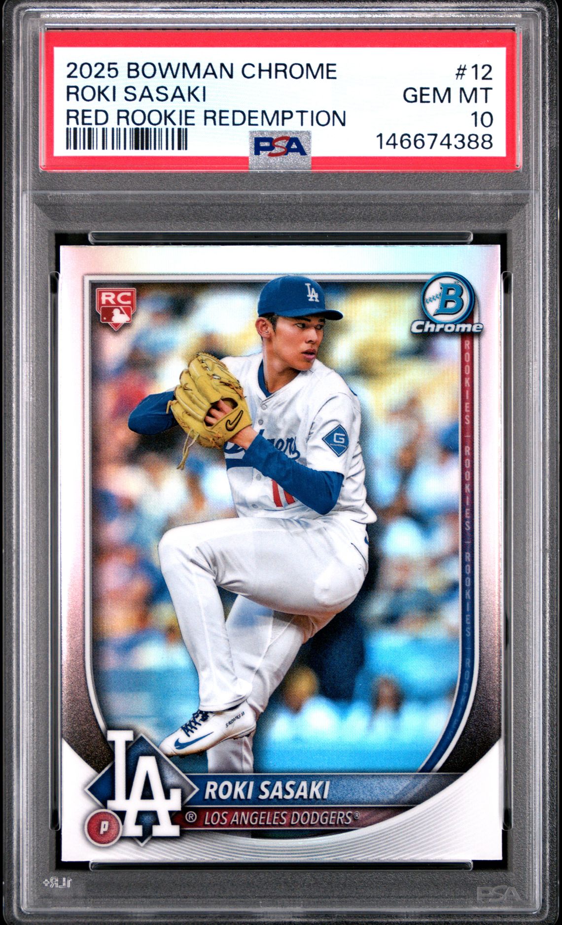 2025 Bowman Chrome Roki Sasaki #12 (Red Rookie Redemption) Gem Mt 10 front