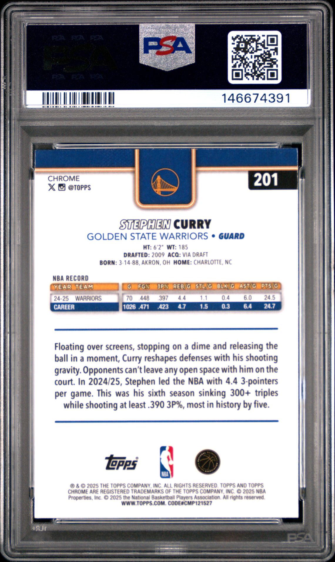2025 Topps Chrome Stephen Curry #201 (Basketball Refractor) Mint 9 back