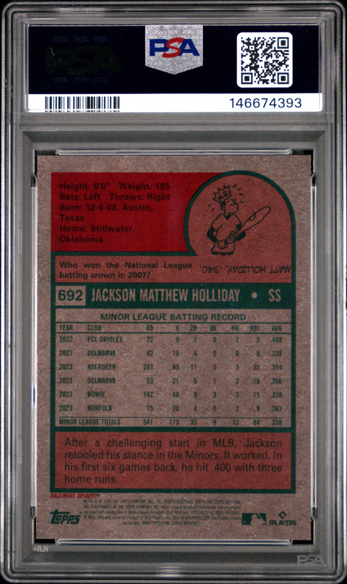 2024 Topps Heritage Jackson Holliday #692 (Chrome) Gem Mt 10 back