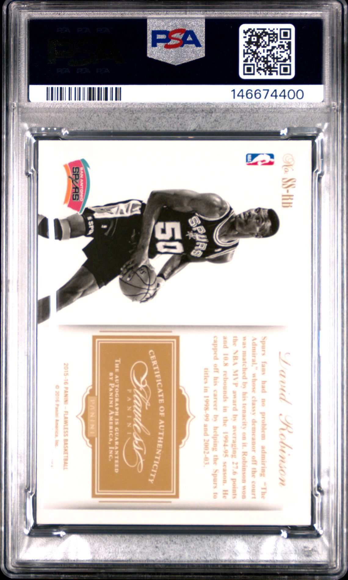 2015 Panini Flawless Super Signatures David Robinson #Ss-Rb (Super Signatures) Gem Mt 10 back