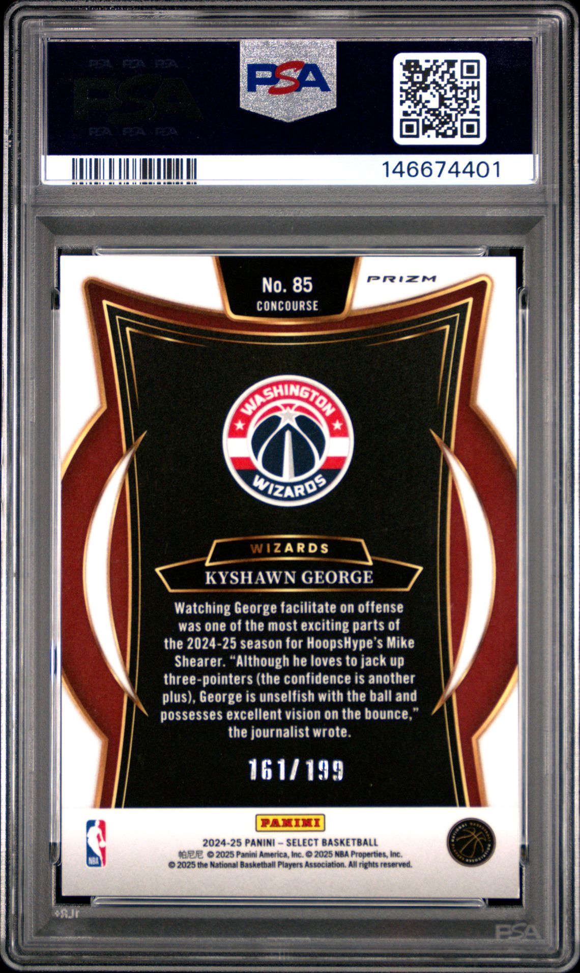 2024 Panini Select Kyshawn George #85 (Red Prizm) Gem Mt 10 back