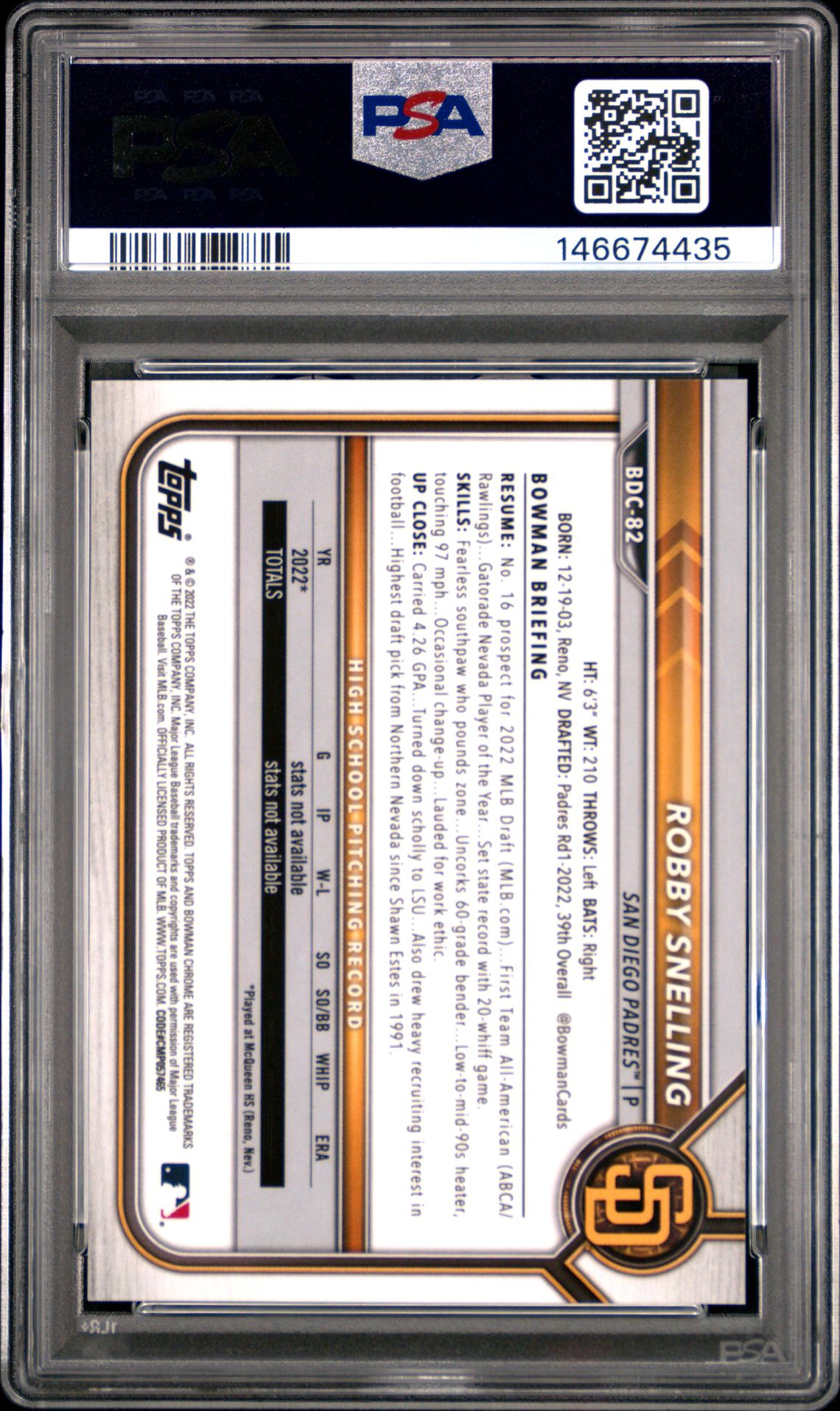 2022 Bowman Draft Chrome Sapphire Edition Robby Snelling #Bdc82 (Green) Gem Mt 10 back